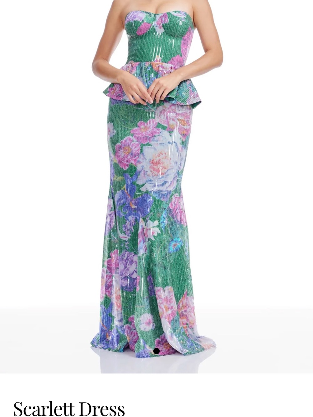 Dress the Population Scarlett Strapless Floral Peplum Gown - Green & Pink